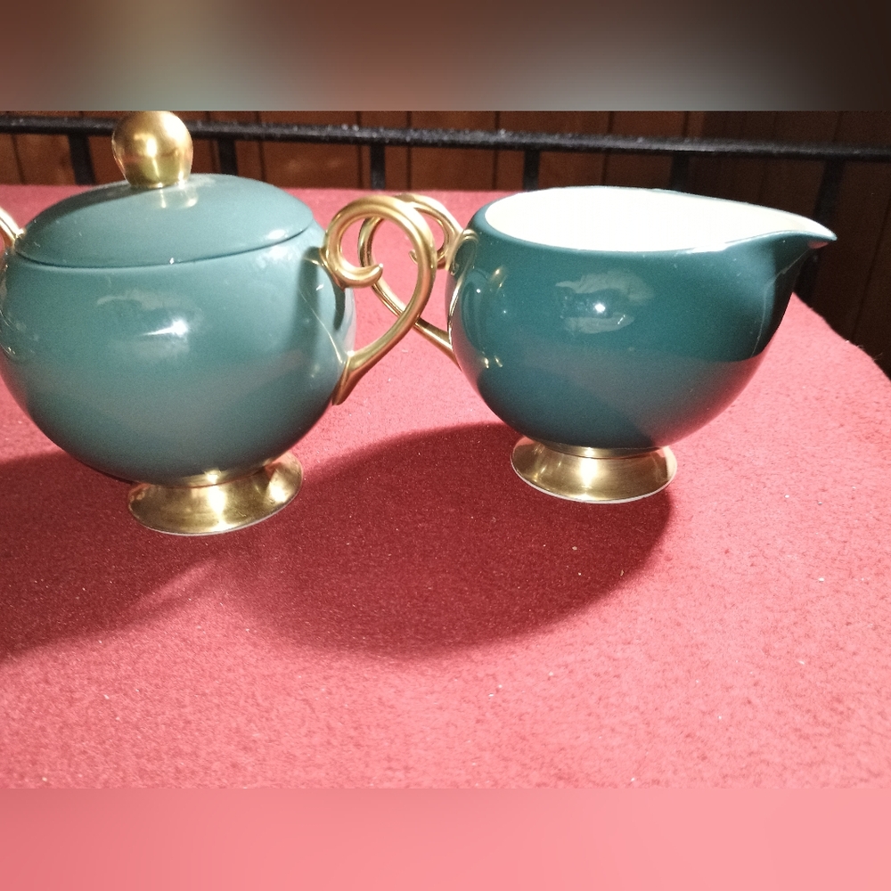 Flintridge China Sylvan Teal Green Creamer & Sugar Set Mid Century Modern